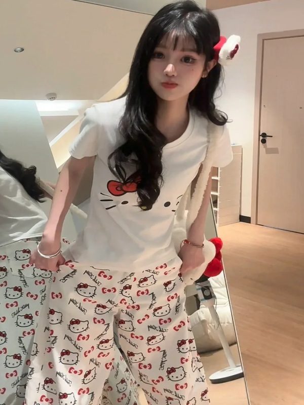 Spicy Girl Kitty Cat Print White Short Sleeve T-Shirt for Women - Summer Round Neck Slim Fit Sweet Flattering Top