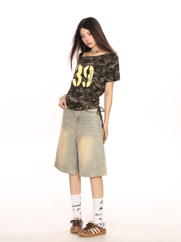 Spicy Girl Off-Shoulder Camouflage Letter Short Sleeve T-Shirt for Women - Summer Drawstring Tie-Up Slim Fit Crop Top