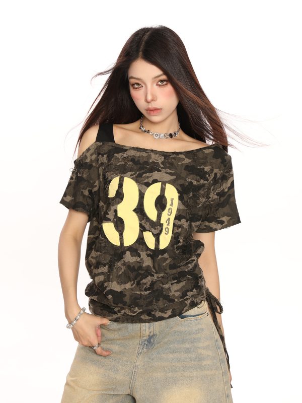 Spicy Girl Off-Shoulder Camouflage Letter Short Sleeve T-Shirt for Women - Summer Drawstring Tie-Up Slim Fit Crop Top