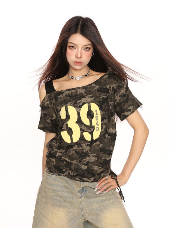 Spicy Girl Off-Shoulder Camouflage Letter Short Sleeve T-Shirt for Women - Summer Drawstring Tie-Up Slim Fit Crop Top