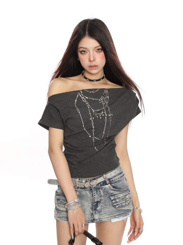 Spicy Girl Studded Off-Shoulder Short Sleeve T-Shirt for Women - Summer Slim Fit One-Shoulder Top, Trendy Y2K Style