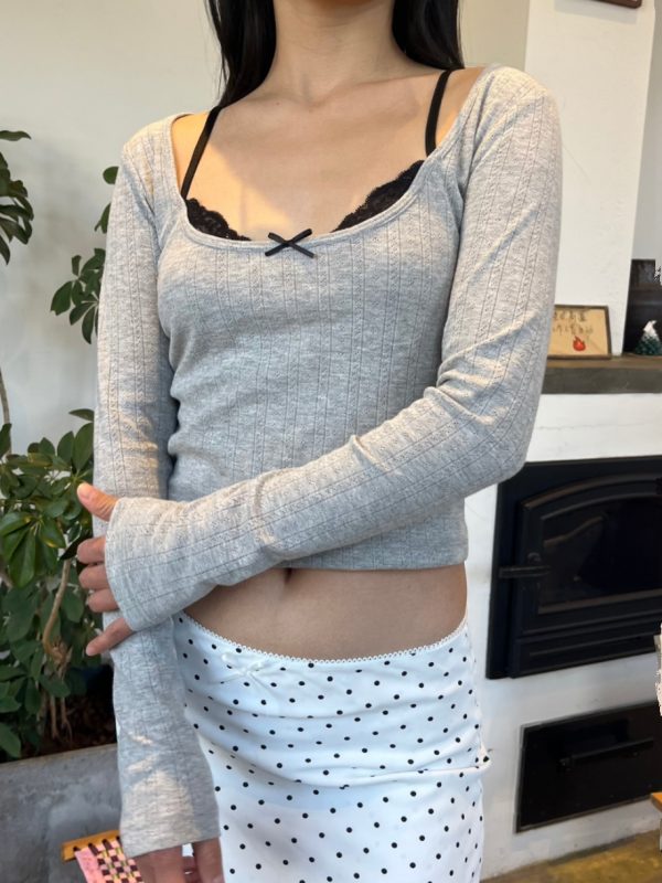 Spring 2025 Sexy Lace Splicing Square Neck Long Sleeve T-Shirt Top - Women's Two-Piece Look, Hot Girl Style, Trendy Fashion