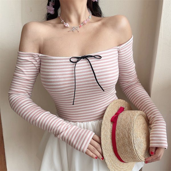 Spring 2025 Sexy One-Shoulder Striped T-Shirt Top with Bow Tie and Drawstring - Trendy Long Sleeve Fashion
