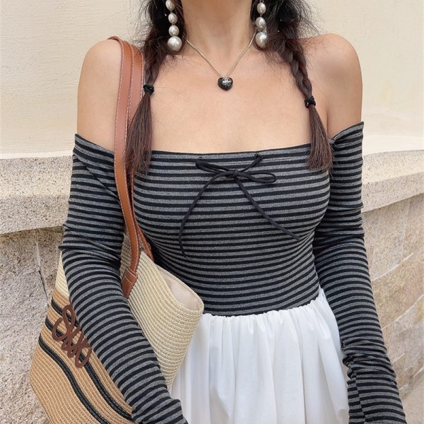 Spring 2025 Sexy One-Shoulder Striped T-Shirt Top with Bow Tie and Drawstring - Trendy Long Sleeve Fashion