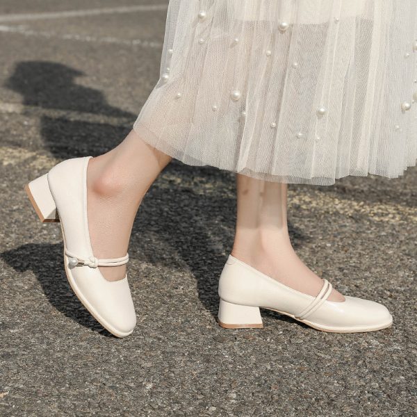 Spring 2025 Women's Sheepskin Chunky Heel Mary Jane Shoes - Low-Heeled Square Toe Single Shoes