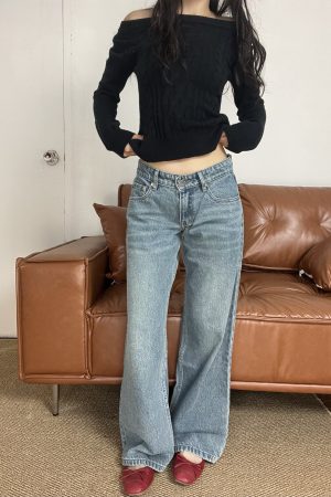 Spring 2025 Women's Vintage Floor-Length Loose Low Waist Straight Leg Pants in Cleanfit American Style