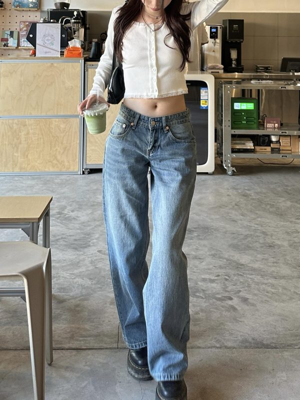 Spring 2025 Women's Vintage Floor-Length Loose Low Waist Straight Leg Pants in Cleanfit American Style