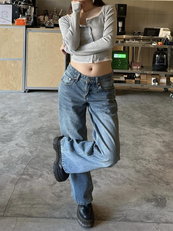 Spring 2025 Women's Vintage Floor-Length Loose Low Waist Straight Leg Pants in Cleanfit American Style