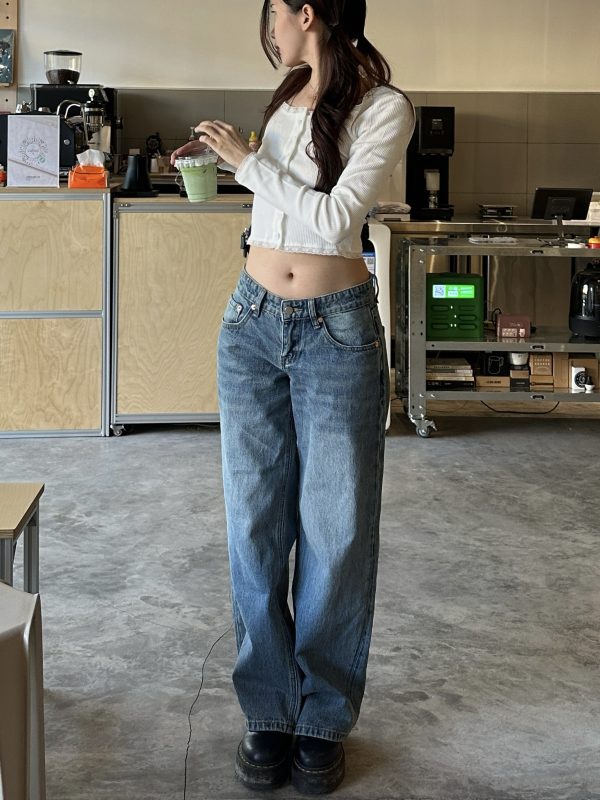 Spring 2025 Women's Vintage Floor-Length Loose Low Waist Straight Leg Pants in Cleanfit American Style