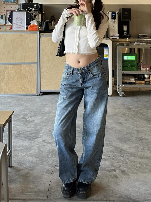 Spring 2025 Women's Vintage Floor-Length Loose Low Waist Straight Leg Pants in Cleanfit American Style