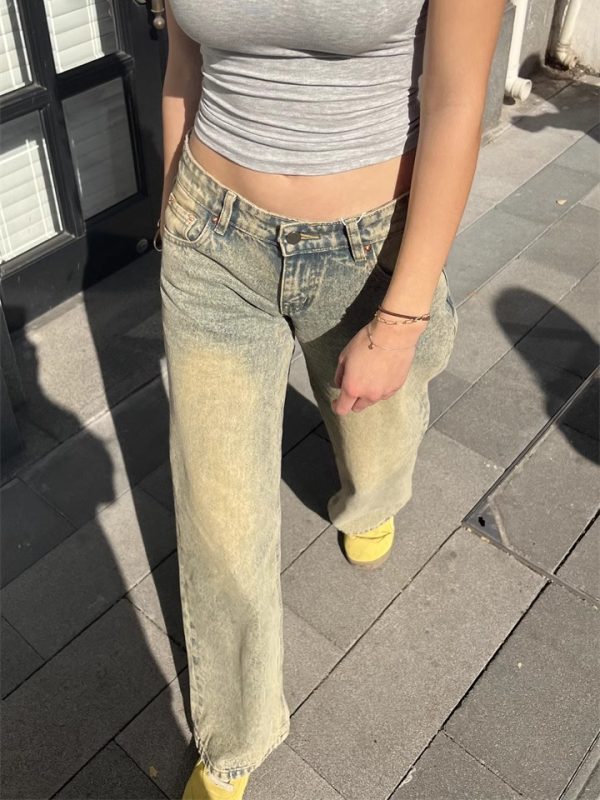 Spring American Vintage Distressed Wasteland Mud-Washed Low-Rise Loose Slim Straight Leg Jeans for Women - 90s Y2K Style