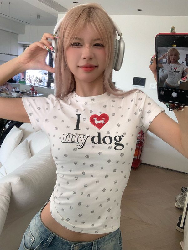 Spring American Vintage Heart Dog Paw Print Short T-Shirt for Women - Slim Fit, Y2K Inspired, Casual Fashion Tee