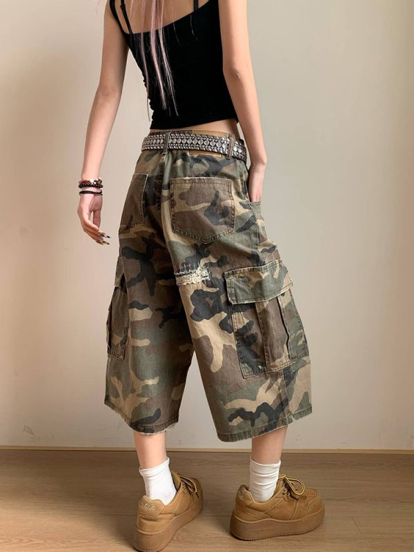 Spring Camouflage Ripped Patch Straight-Cut Three-Quarter Pants for Men and Women - Loose Casual Y2K Style