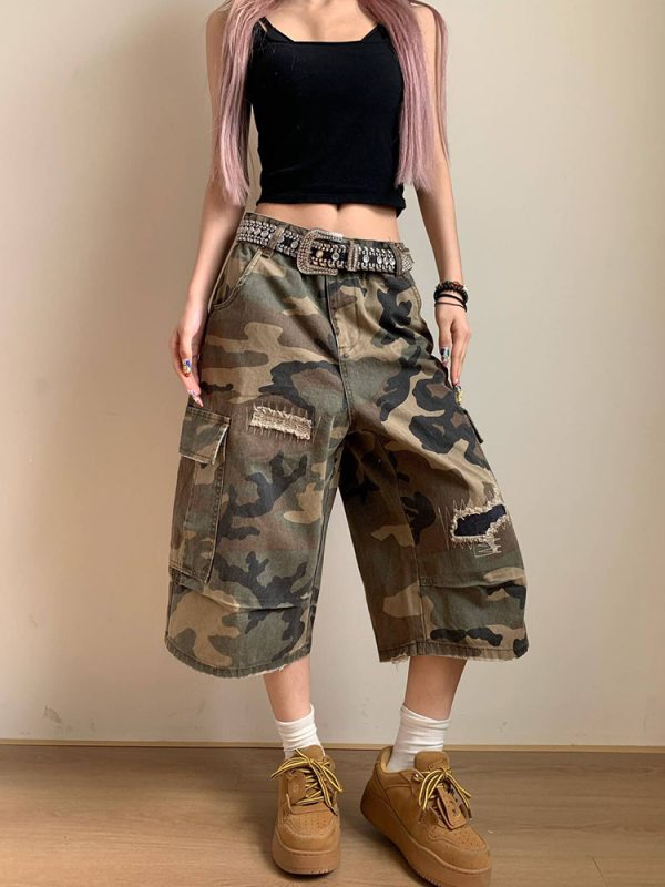 Spring Camouflage Ripped Patch Straight-Cut Three-Quarter Pants for Men and Women - Loose Casual Y2K Style