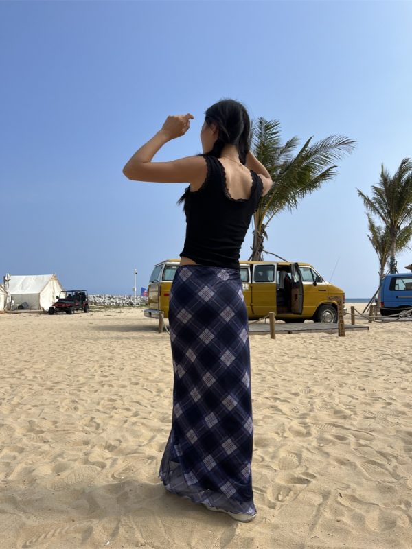 Spring Sheer Plaid Long Skirt for Women - Slim Fit, Elastic Waist, Sweet and Spicy Style, Perfect for 90s and Y2K Fashion