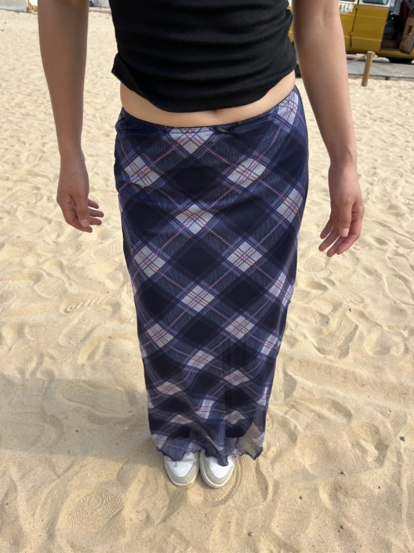 Spring Sheer Plaid Long Skirt for Women - Slim Fit, Elastic Waist, Sweet and Spicy Style, Perfect for 90s and Y2K Fashion