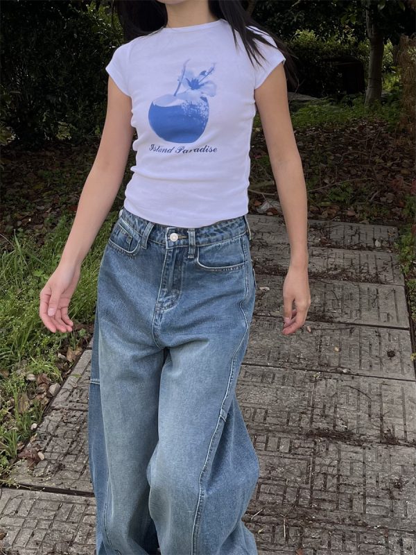 Spring Slim Fit Pure Cotton Short Sleeve T-Shirt for Women - American Style with Island Coconut Print - Versatile Casual Wear