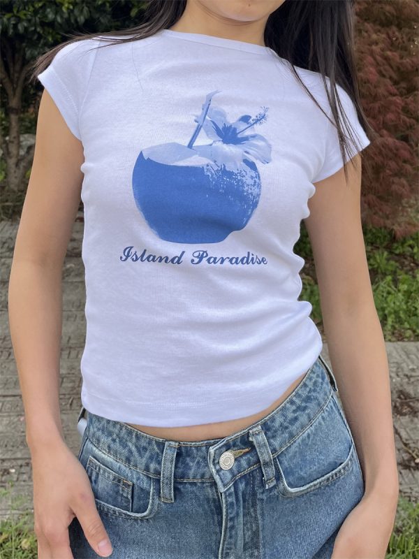 Spring Slim Fit Pure Cotton Short Sleeve T-Shirt for Women - American Style with Island Coconut Print - Versatile Casual Wear