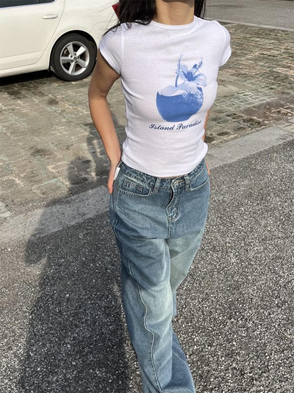 Spring Slim Fit Pure Cotton Short Sleeve T-Shirt for Women - American Style with Island Coconut Print - Versatile Casual Wear