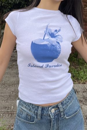 Spring Slim Fit Pure Cotton Short Sleeve T-Shirt for Women - American Style with Island Coconut Print - Versatile Casual Wear