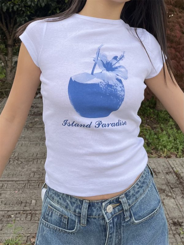 Spring Slim Fit Pure Cotton Short Sleeve T-Shirt for Women - American Style with Island Coconut Print - Versatile Casual Wear