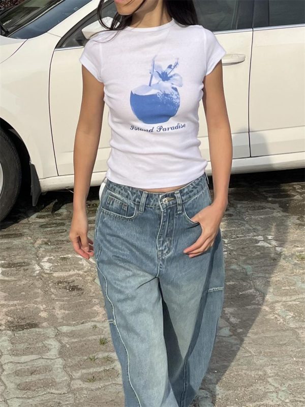 Spring Slim Fit Pure Cotton Short Sleeve T-Shirt for Women - American Style with Island Coconut Print - Versatile Casual Wear