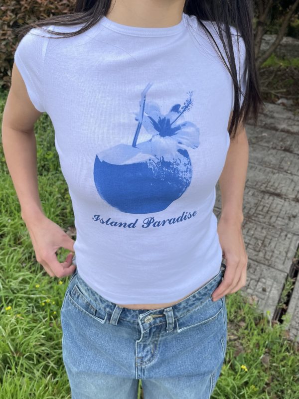 Spring Slim Fit Pure Cotton Short Sleeve T-Shirt for Women - American Style with Island Coconut Print - Versatile Casual Wear