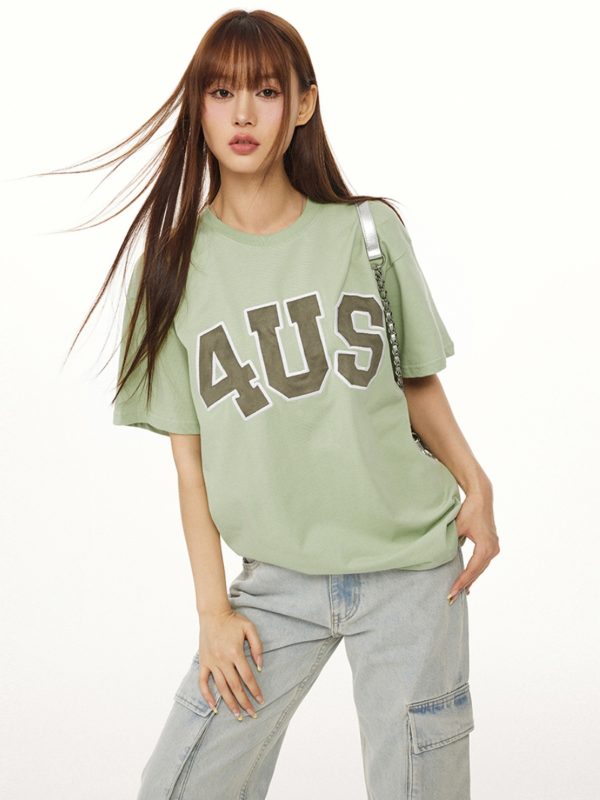 Spring Summer Patch Embroidered Suede Logo Loose Basic Couple T-Shirt - Trendy Short Sleeve Top for Casual Style