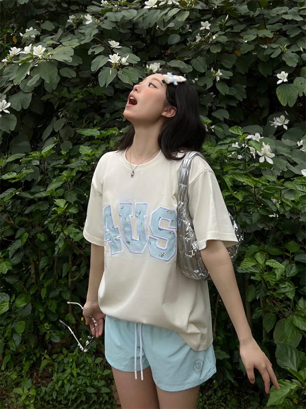 Spring Summer Patchwork Embroidered Floral Couple Loose Fit T-Shirt - Trendy National Style Short Sleeve Top