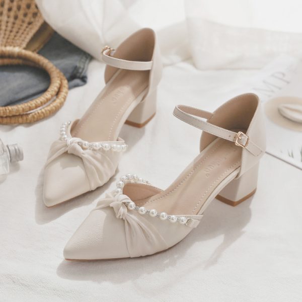 Spring Summer Sheepskin Mary Jane Shoes Chunky High Heel Closed Toe Sandals for Women - Fairy Style Pointed Toe Flats