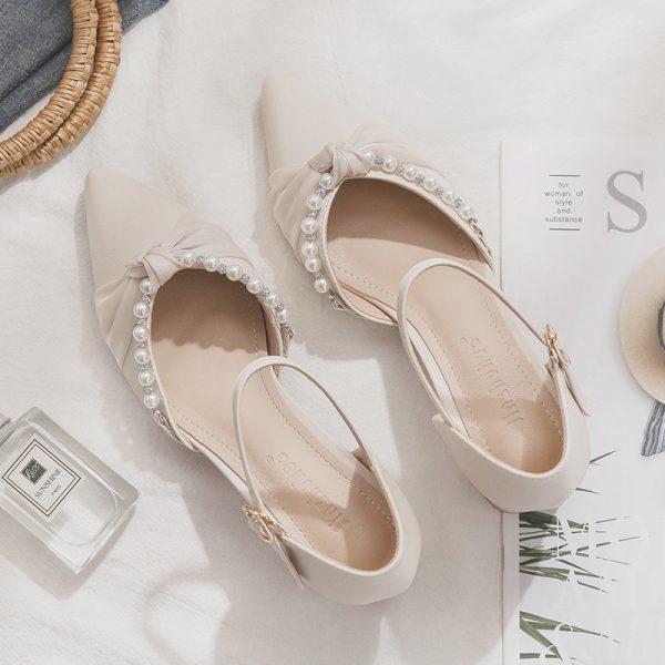 Spring Summer Sheepskin Mary Jane Shoes Chunky High Heel Closed Toe Sandals for Women - Fairy Style Pointed Toe Flats
