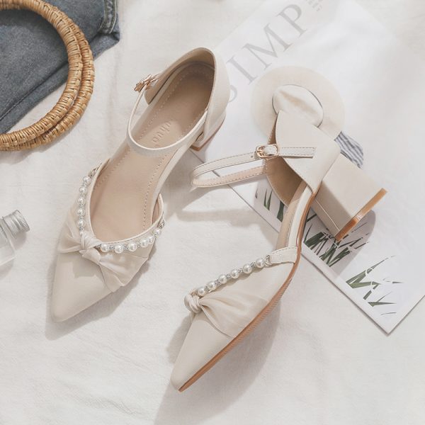 Spring Summer Sheepskin Mary Jane Shoes Chunky High Heel Closed Toe Sandals for Women - Fairy Style Pointed Toe Flats