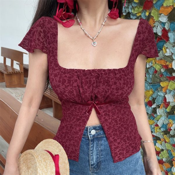 Spring/Summer 2025 Women's Handmade French Square Neck Bow Velvet Mesh Short Sleeve T-Shirt