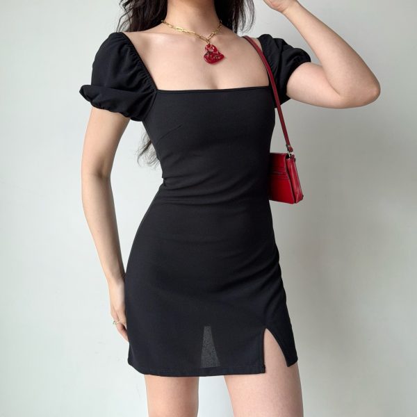 Square Neck Puff Sleeve Bodycon Dress with Split Short Skirt - European & American Style for Women, Trendy and Sexy Fashion