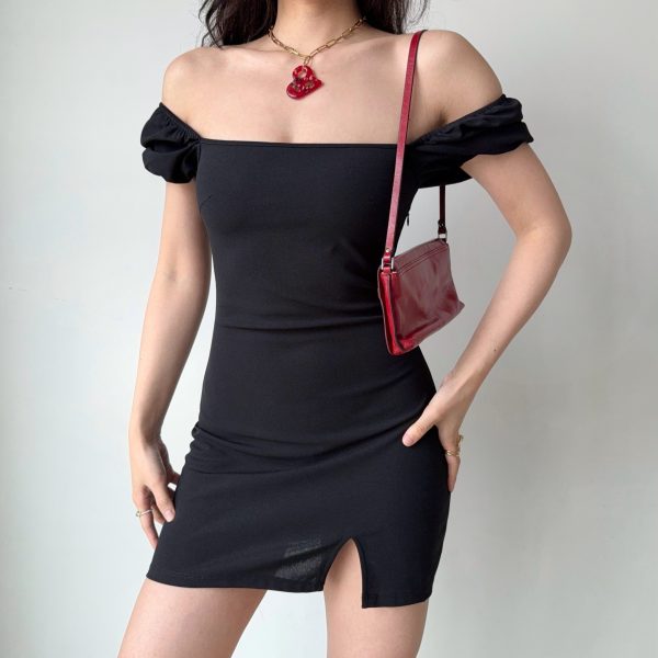 Square Neck Puff Sleeve Bodycon Dress with Split Short Skirt - European & American Style for Women, Trendy and Sexy Fashion