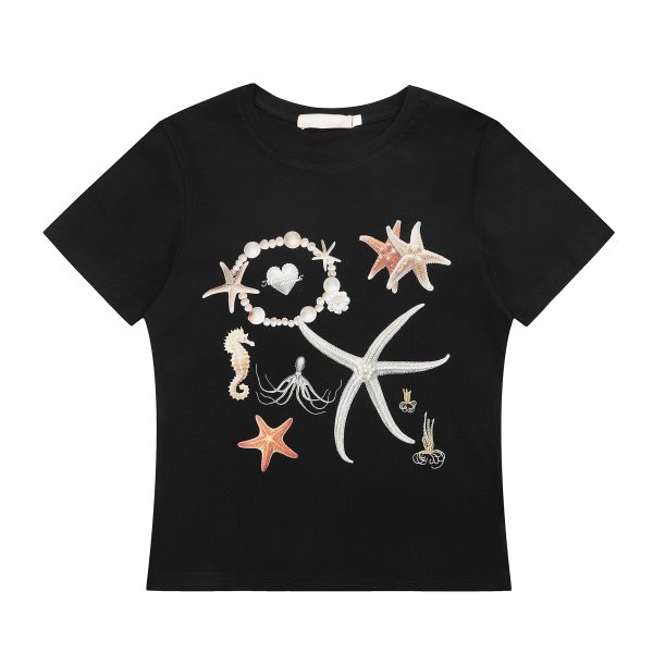 Starfish Print Cropped Short-Sleeve T-Shirt for Women - Slim Fit Midriff-Baring Top, American Style, Trendy Casual Wear