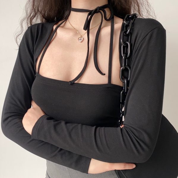 Strapless Halter Tie Crop Top and Short Cardigan Slim Fit Two-Piece Set - European American Retro Style for Women