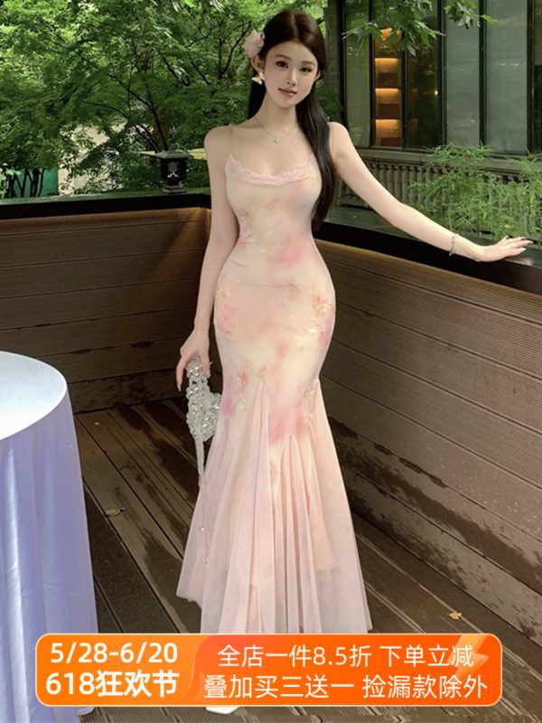 Strapless Mermaid Tulle Slip Long Dress - Elegant Slim Pink Floral Gown for Women - Perfect for Formal Events and Special Occasions