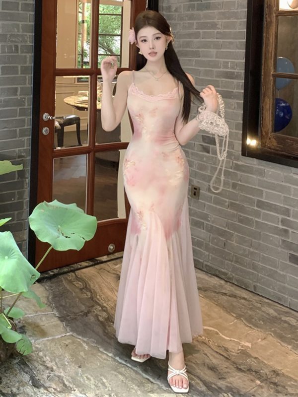 Strapless Mermaid Tulle Slip Long Dress - Elegant Slim Pink Floral Gown for Women - Perfect for Formal Events and Special Occasions
