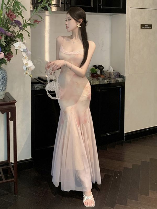 Strapless Mermaid Tulle Slip Long Dress - Elegant Slim Pink Floral Gown for Women - Perfect for Formal Events and Special Occasions