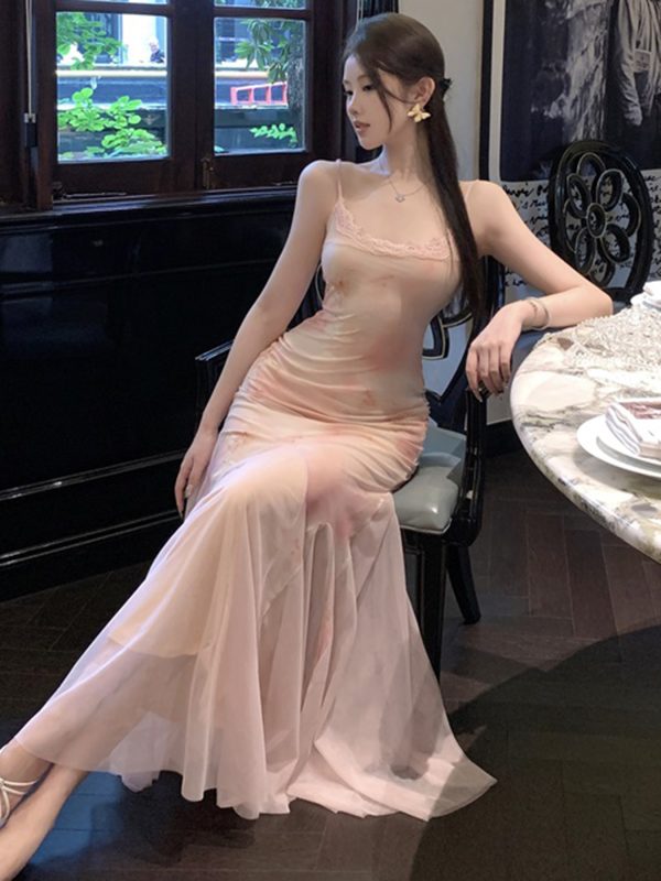 Strapless Mermaid Tulle Slip Long Dress - Elegant Slim Pink Floral Gown for Women - Perfect for Formal Events and Special Occasions
