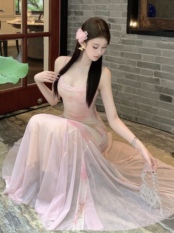 Strapless Mermaid Tulle Slip Long Dress - Elegant Slim Pink Floral Gown for Women - Perfect for Formal Events and Special Occasions