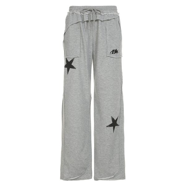 Street Gray Deconstructed Star Print Casual Pants for Women - Versatile Loose Straight Leg Dance Trousers, Trendy Y2K Style