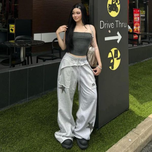 Street Gray Deconstructed Star Print Casual Pants for Women - Versatile Loose Straight Leg Dance Trousers, Trendy Y2K Style