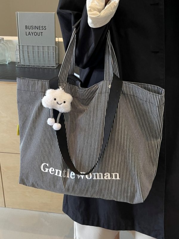 Striped Canvas Tote Bag for Women - Relaxed Commuting Shoulder Bag, Large Capacity Shopping Bag for Short Trips