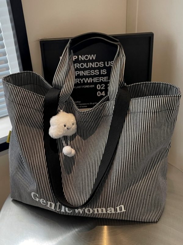 Striped Canvas Tote Bag for Women - Relaxed Commuting Shoulder Bag, Large Capacity Shopping Bag for Short Trips