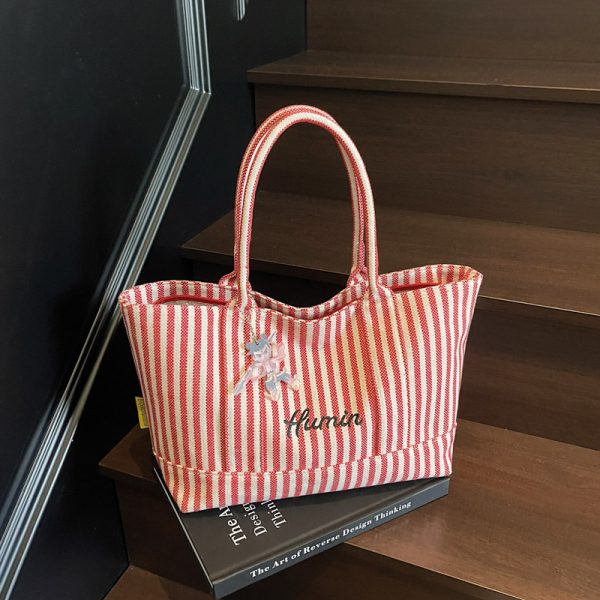 Striped Canvas Tote Bag for Women, 2025 Fashion Handbag, Versatile Large Capacity Shoulder Bag for Commuting and Everyday Use