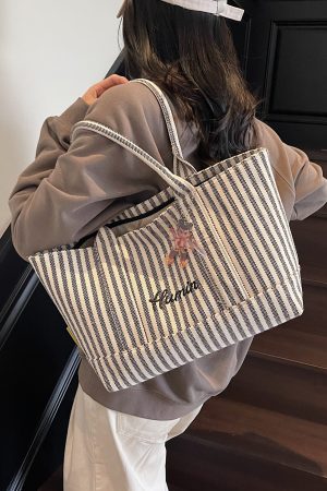 Striped Canvas Tote Bag for Women, 2025 Fashion Handbag, Versatile Large Capacity Shoulder Bag for Commuting and Everyday Use
