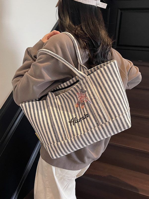 Striped Canvas Tote Bag for Women, 2025 Fashion Handbag, Versatile Large Capacity Shoulder Bag for Commuting and Everyday Use