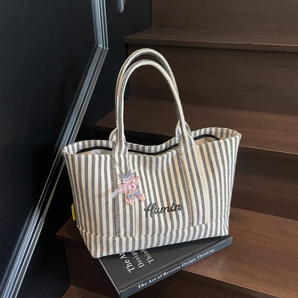 Striped Canvas Tote Bag for Women, 2025 Fashion Handbag, Versatile Large Capacity Shoulder Bag for Commuting and Everyday Use